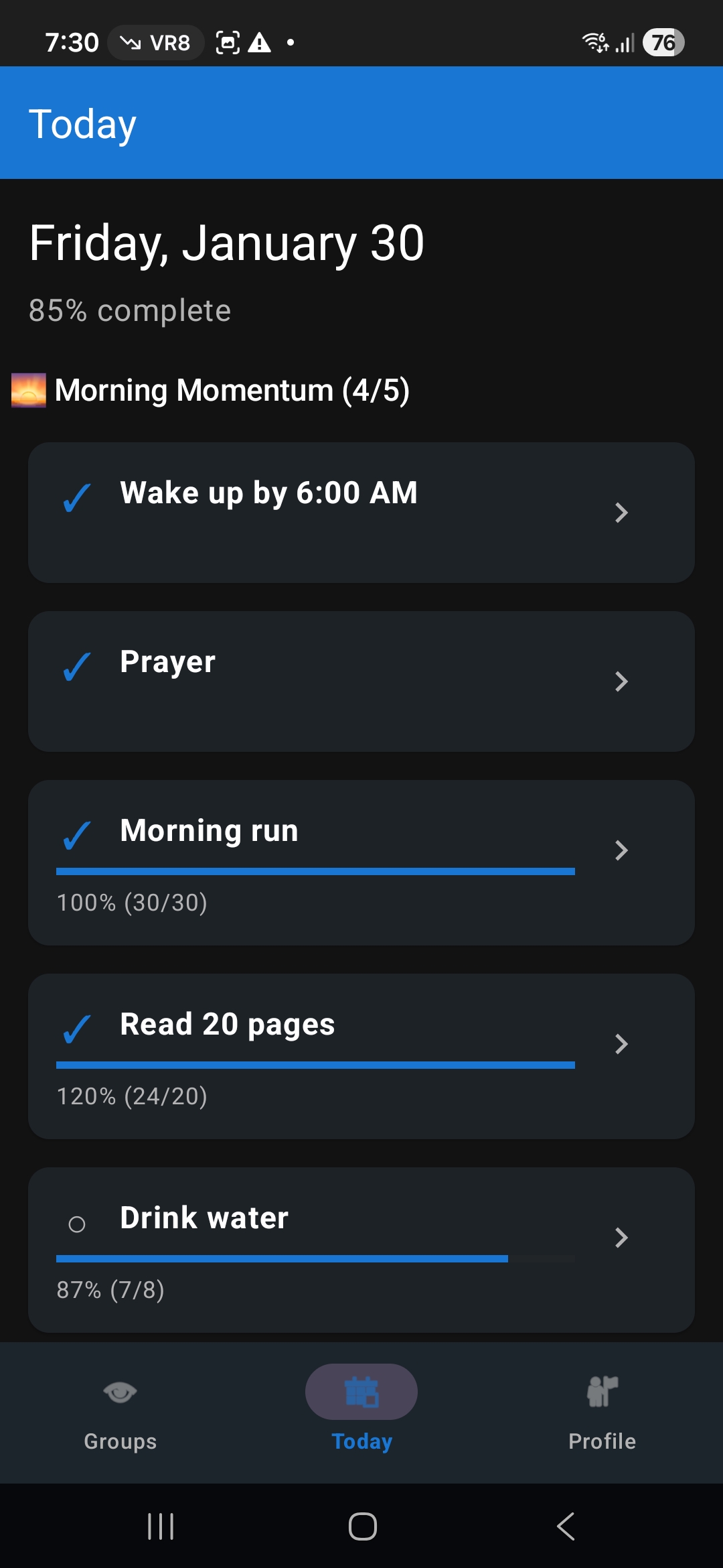 Pursue app today screen